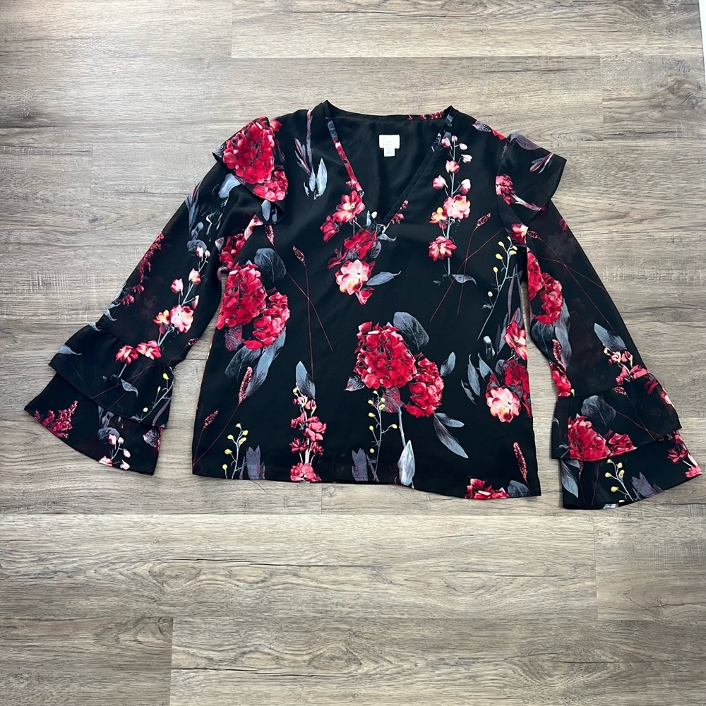 a new day Women's Black And Red Bohemian Floral Sheer Blouse Size Small